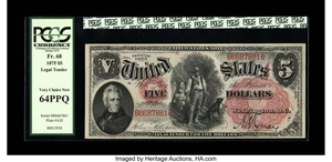 image for: Fr. 68 $5 1875 Legal Tender PCGS Very Choice New 64PPQ. Bold inks and embossing highlight this early Woodchopper. It is anot...