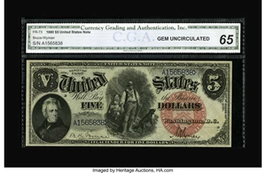 image for: Fr. 73 $5 1880 Legal Tender CGA Gem Uncirculated 65. This one certainly appears to be accurately graded. There is a short ru...