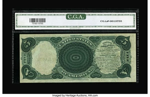 image for: Fr. 73 $5 1880 Legal Tender CGA Gem Uncirculated 65. This one certainly appears to be accurately graded. There is a short ru...