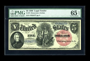 image for: Fr. 74 $5 1880 Legal Tender PMG Gem Uncirculated 65 EPQ. A very colorful, and clearly originally embossed Large Red Seal 188...
