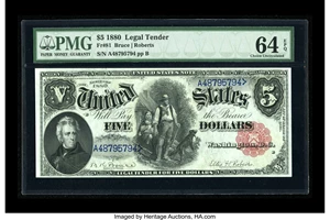 image for: Fr. 81 $5 1880 Legal Tender PMG Choice Uncirculated 64 EPQ.