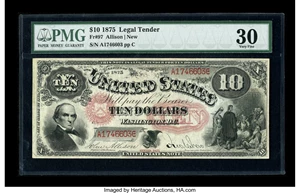 image for: Fr. 97 $10 1875 Legal Tender PMG Very Fine 30. Fewer than a dozen Fr. 97's are known, and there is not a single uncirculated...