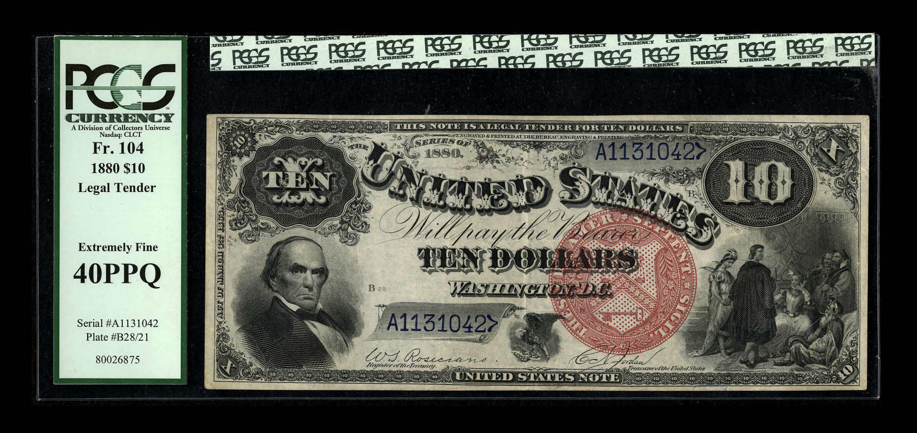 image for: Fr. 104 $10 1880 Legal Tender PCGS Extremely Fine 40PPQ. The original embossing remains pronounced on this lightly circulate...