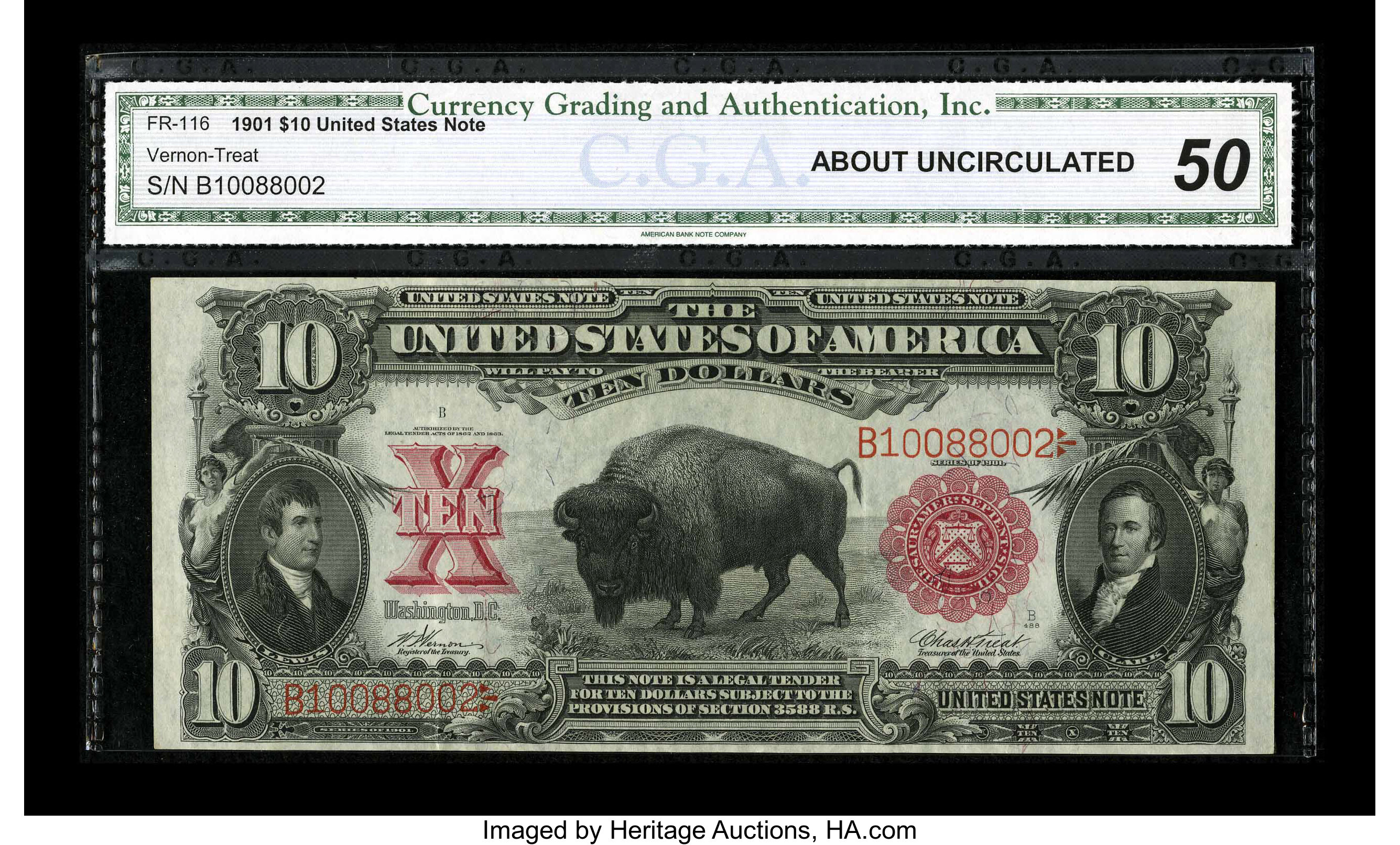 image for: Fr. 116 $10 1901 Legal Tender CGA About Uncirculated 50. This piece boasts fully uncirculated eye appeal, though there are t...