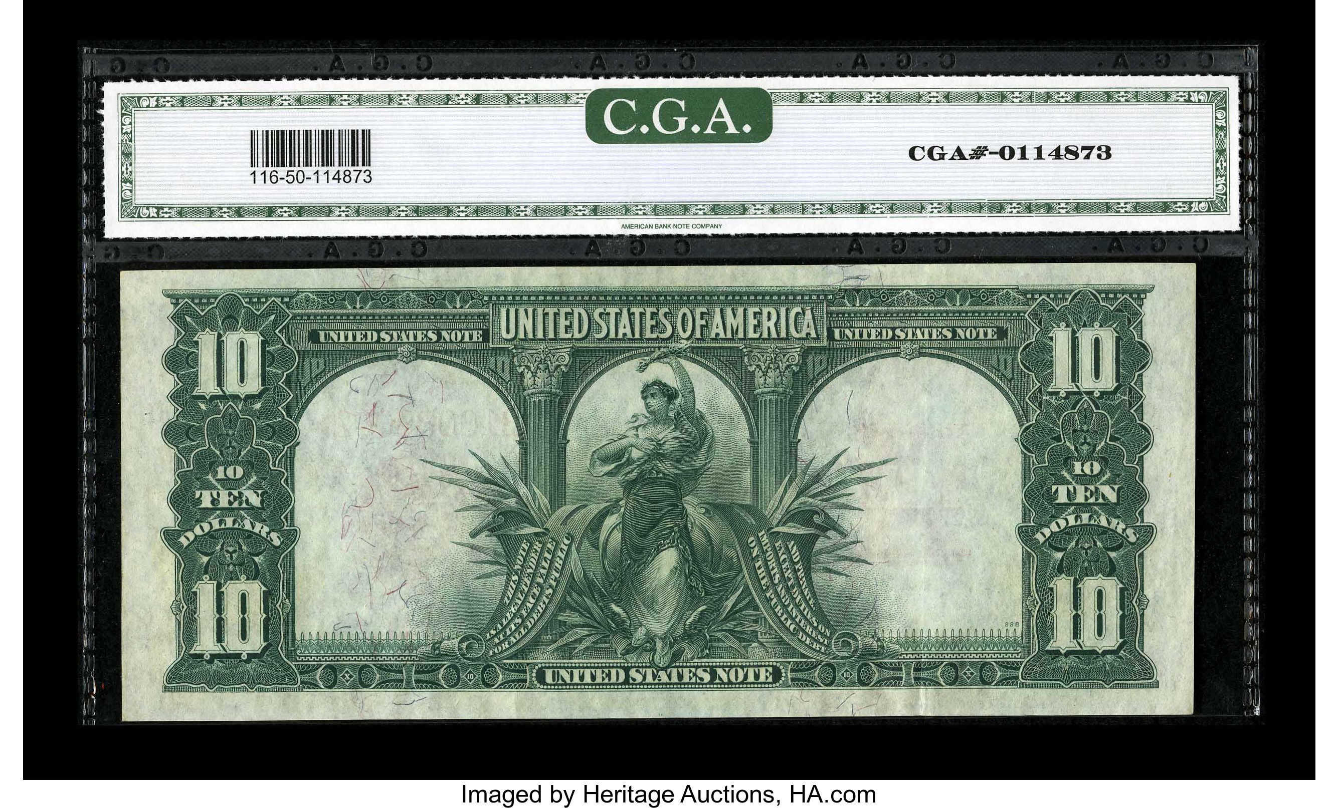 image for: Fr. 116 $10 1901 Legal Tender CGA About Uncirculated 50. This piece boasts fully uncirculated eye appeal, though there are t...
