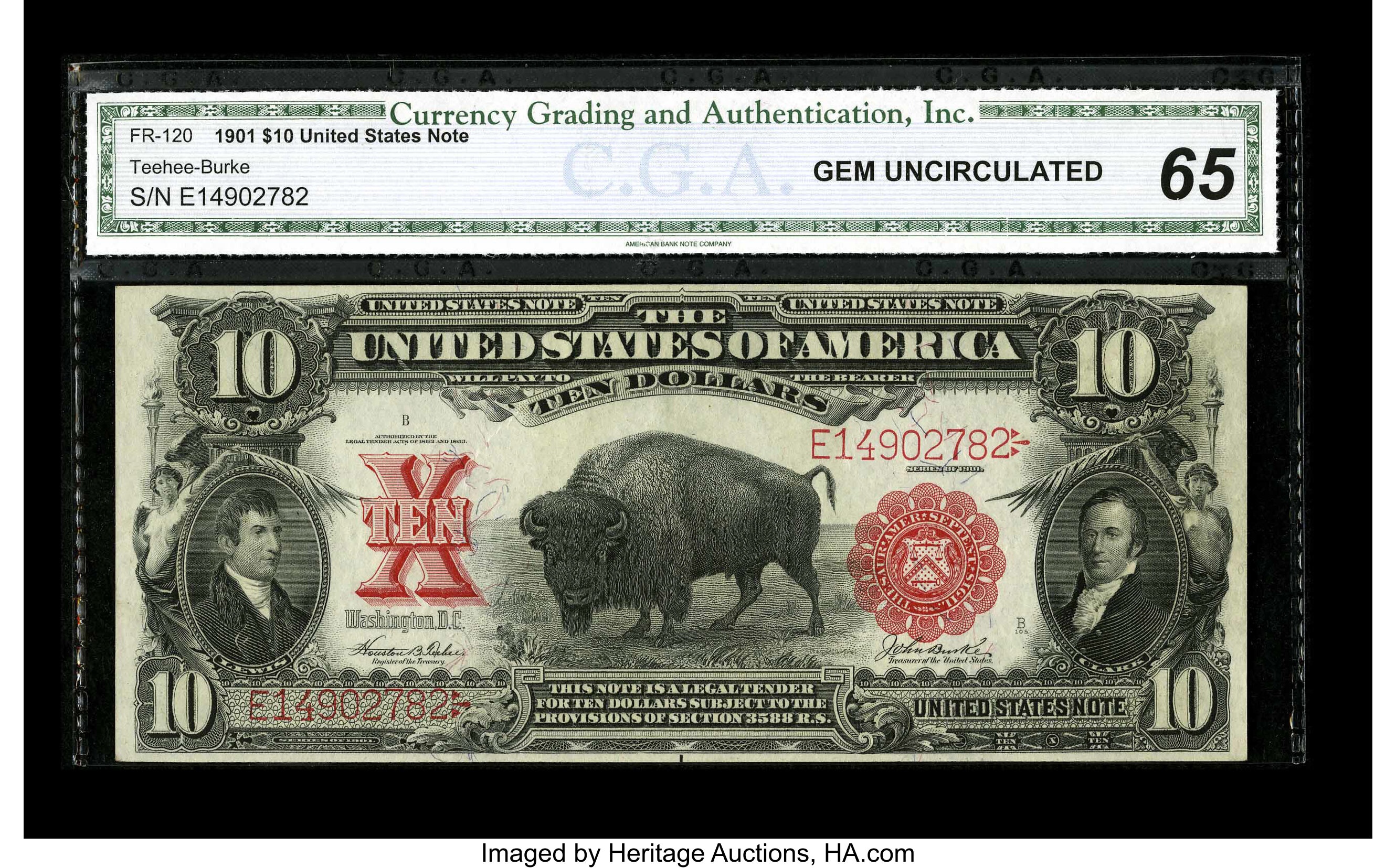 image for: Fr. 120 $10 1901 Legal Tender CGA Gem Uncirculated 65. The margins on this scarcer type note are quite even with pleasing co...