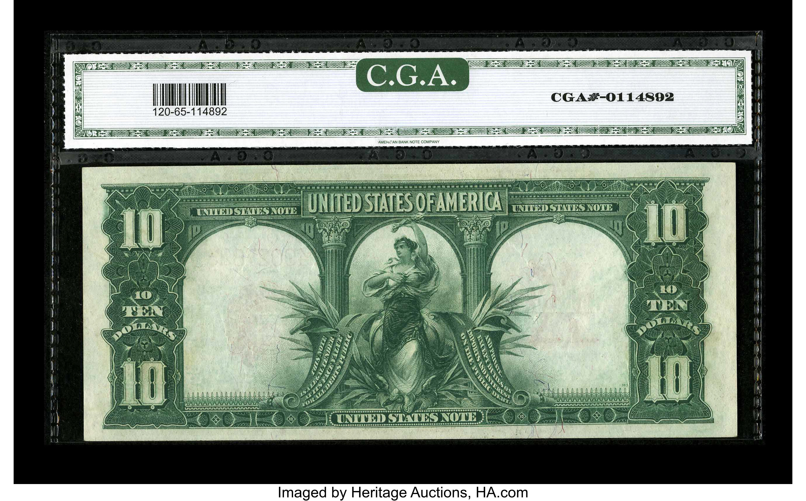 image for: Fr. 120 $10 1901 Legal Tender CGA Gem Uncirculated 65. The margins on this scarcer type note are quite even with pleasing co...