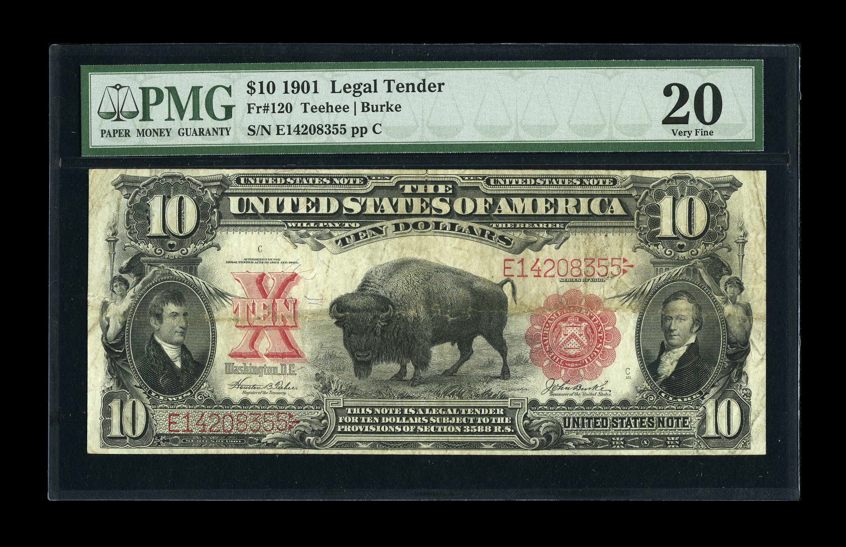 image for: Fr. 120 $10 1901 Legal Tender PMG Very Fine 20. This Bison has bright color and snappy paper. A tiny nick is noticed at left...