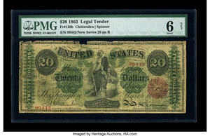 image for: Fr. 126b $20 1863 Legal Tender PMG Good 6 Net. A bit of margin roughness is seen along the top in the form of missing pieces...
