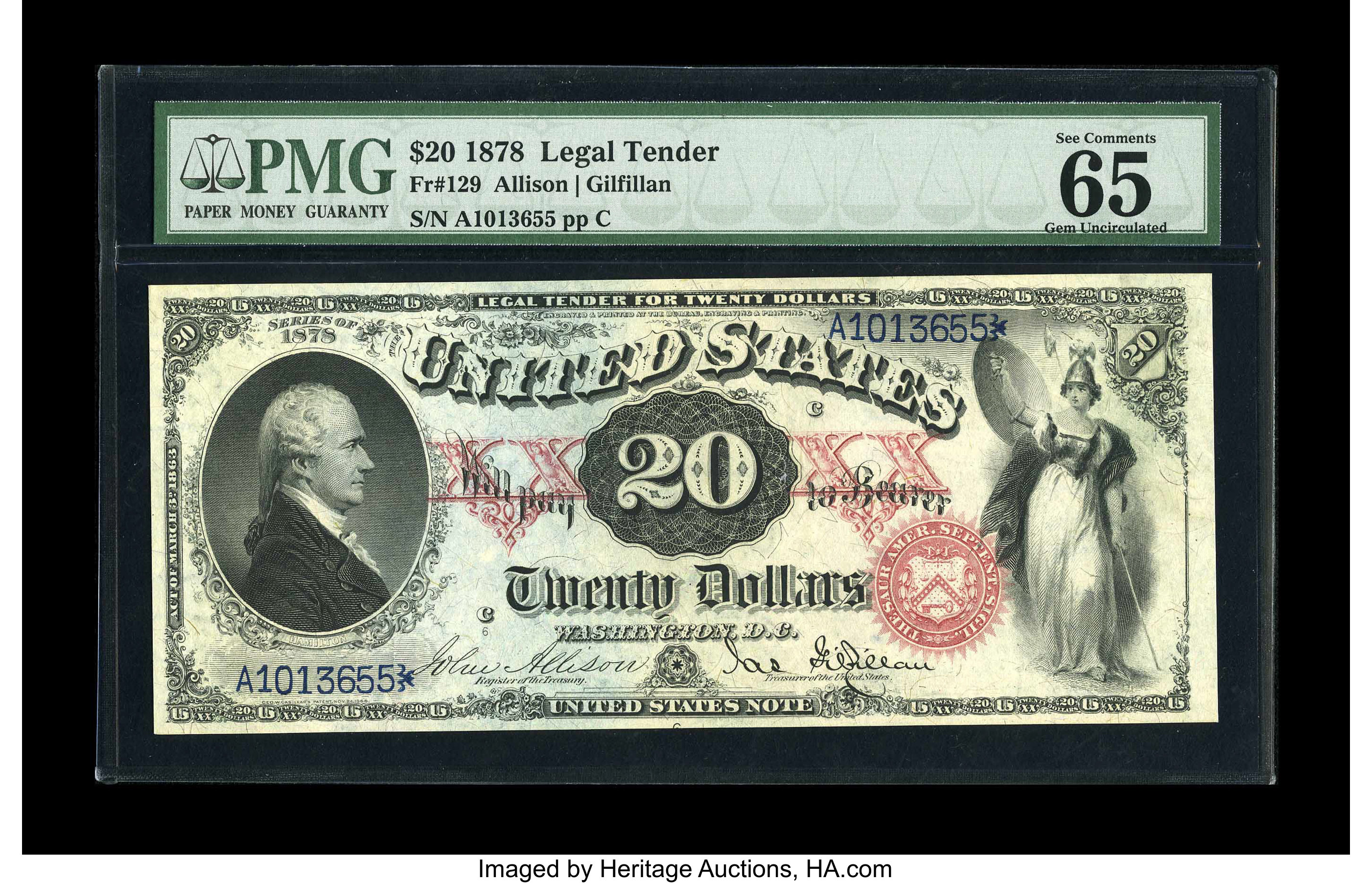 image for: Fr. 129 $20 1878 Legal Tender PMG Gem Uncirculated 65 EPQ. A very handsome example, with great color, broad margins and the ...
