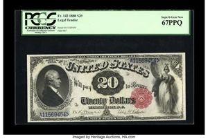 image for: Fr. 142 $20 1880 Legal Tender PCGS Superb Gem New 67PPQ. A flawless example of this rather scarce number. About 75 pieces ar...