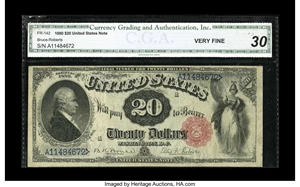 image for: Fr. 142 $20 1880 Legal Tender CGA Very Fine 30. The note has a bit of a washed appearance.From The Collection of Greg So...