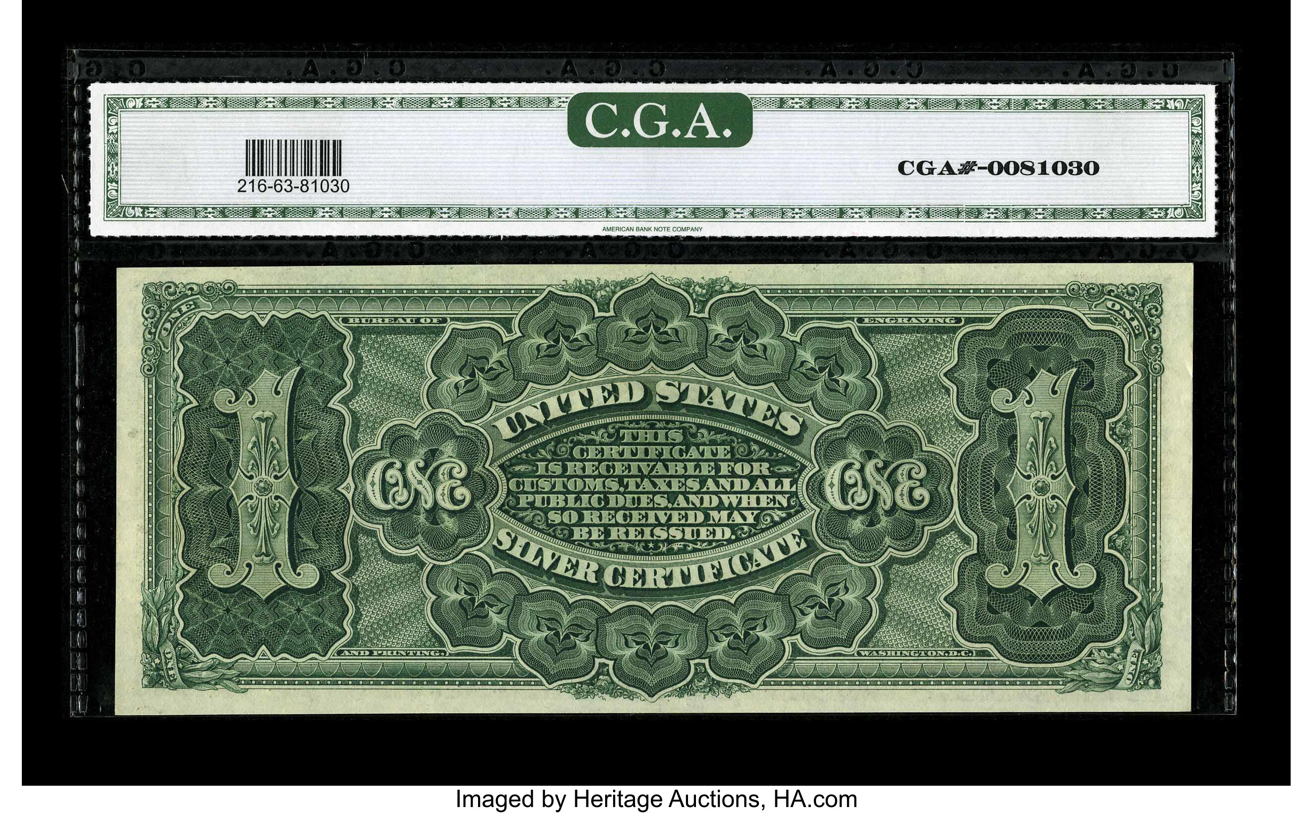 image for: Fr. 216 $1 1886 Silver Certificate CGA Choice Uncirculated 63. A good-looking Martha, likely downgraded to Choice due to its...