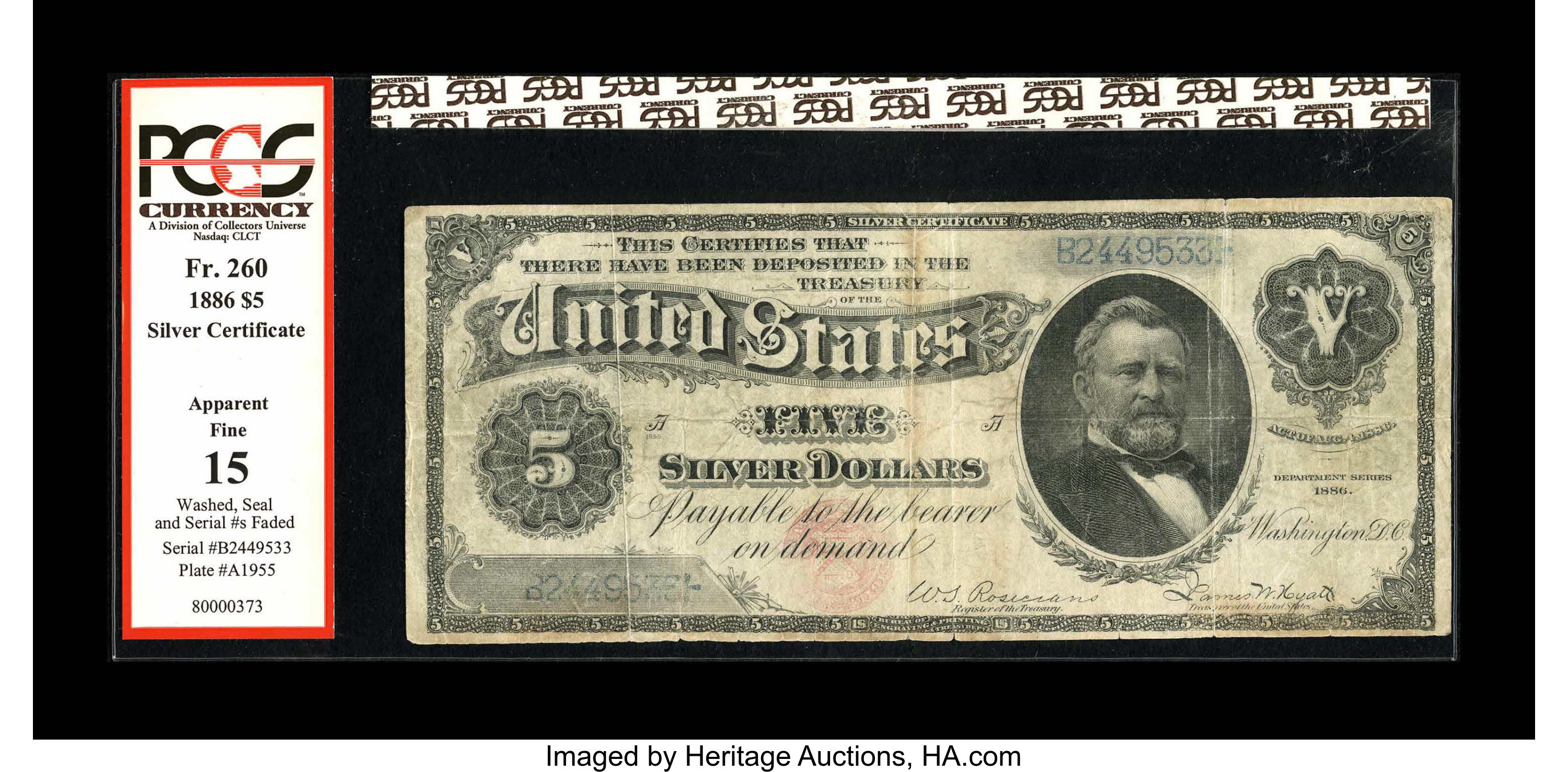 image for: Fr. 260 $5 1886 Silver Certificate PCGS Apparent Fine 15. The seals and serial numbers are faded on this Silver Dollar Back ...