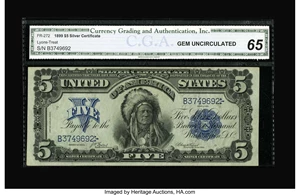 image for: Fr. 272 $5 1899 Silver Certificate CGA Gem Uncirculated 65. A touch of handling is noted on this otherwise Superb Gem. The e...