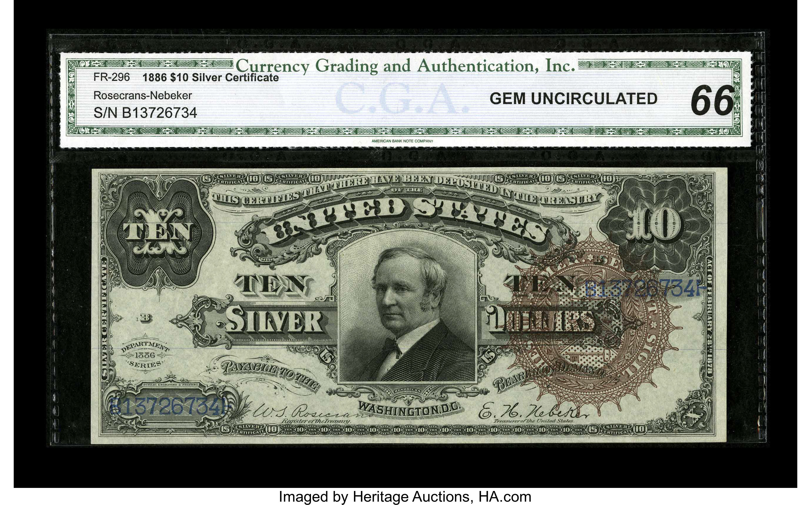 image for: Fr. 296 $10 1886 Silver Certificate CGA Gem Uncirculated 66. Broadly margined and beautifully bright, this is new to the cen...