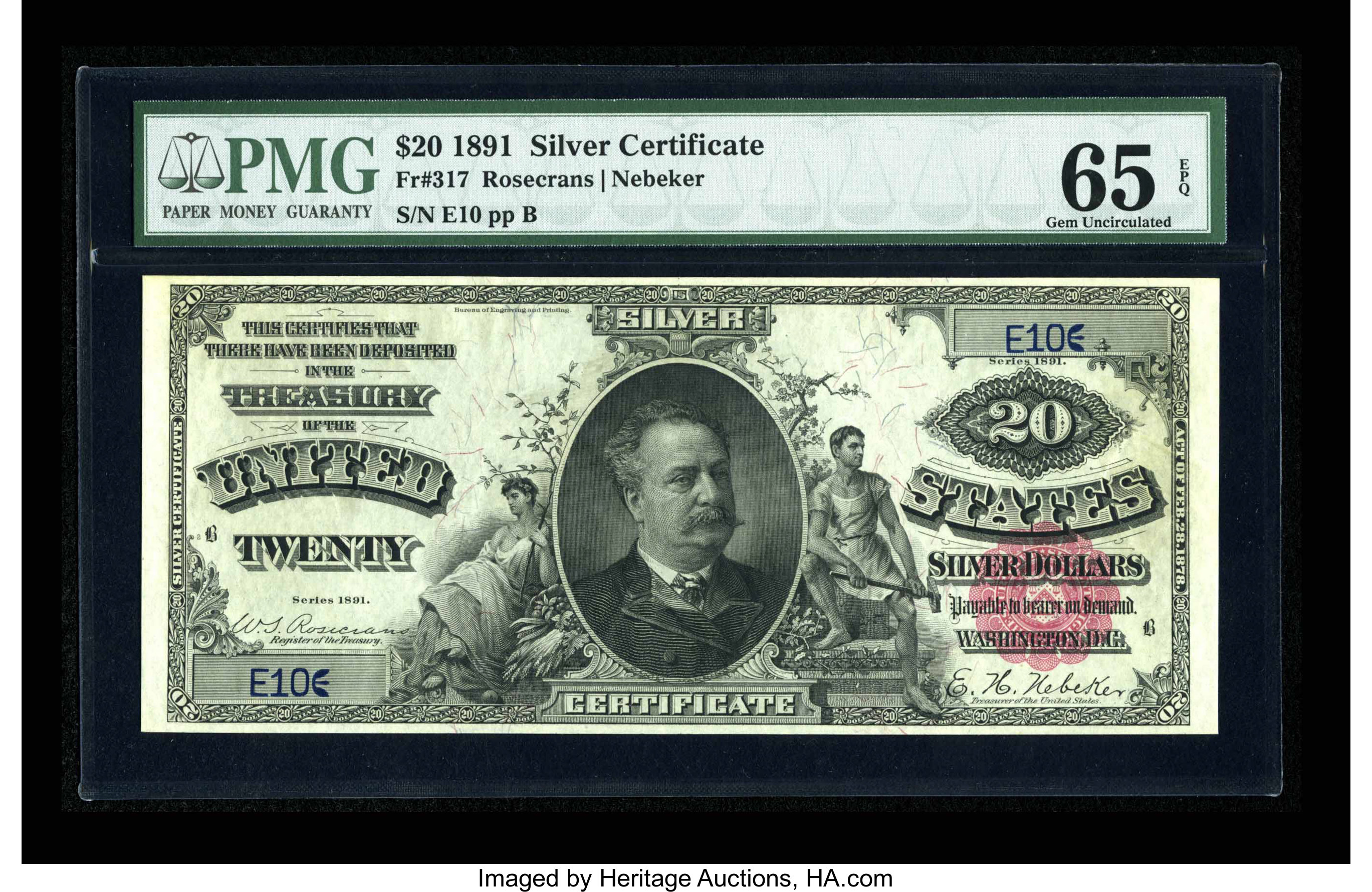image for: Fr. 317 $20 1891 Silver Certificate PMG Gem Uncirculated 65 EPQ. Only about a half dozen Uncirculated examples are known for...