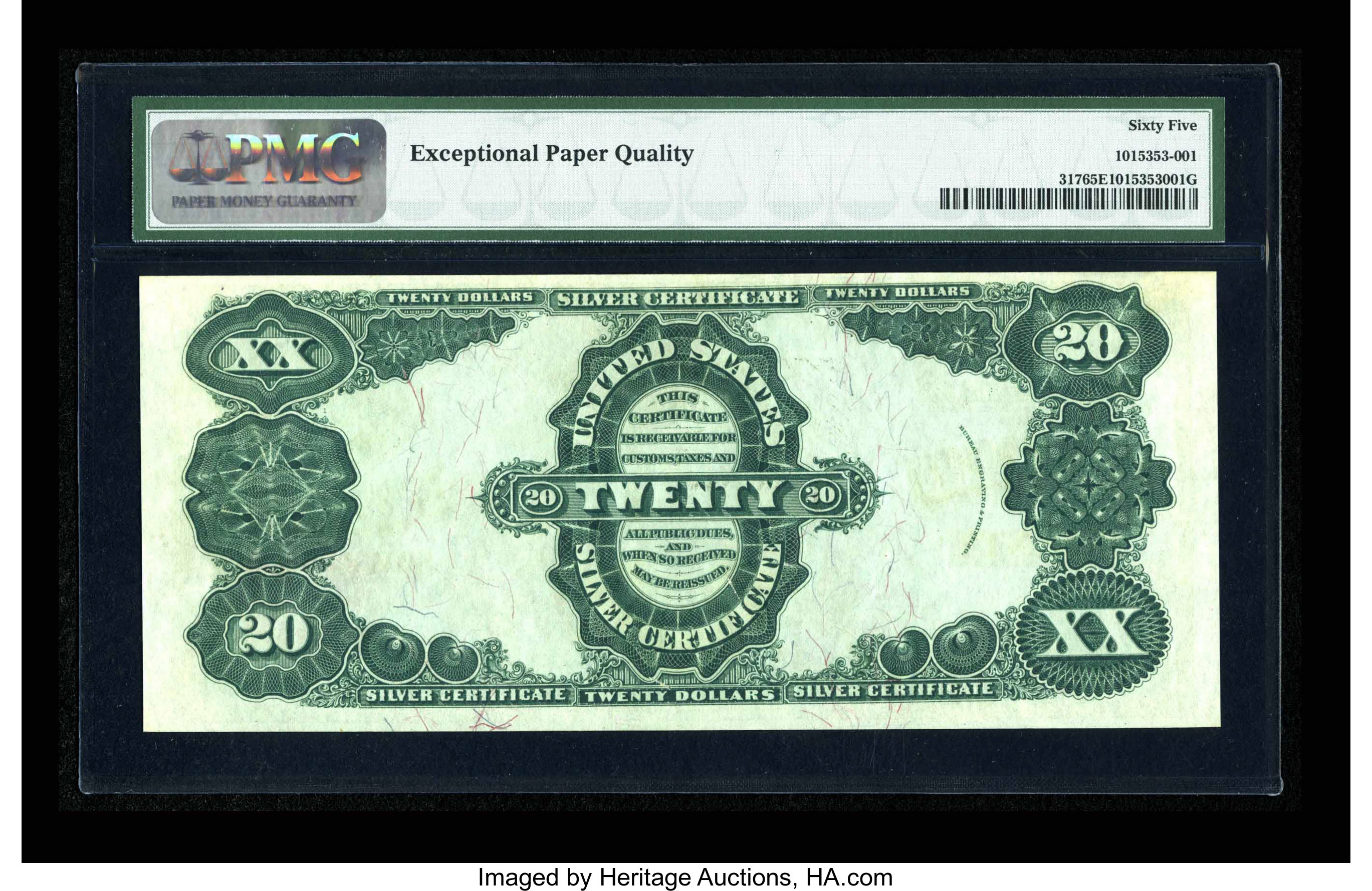 image for: Fr. 317 $20 1891 Silver Certificate PMG Gem Uncirculated 65 EPQ. Only about a half dozen Uncirculated examples are known for...