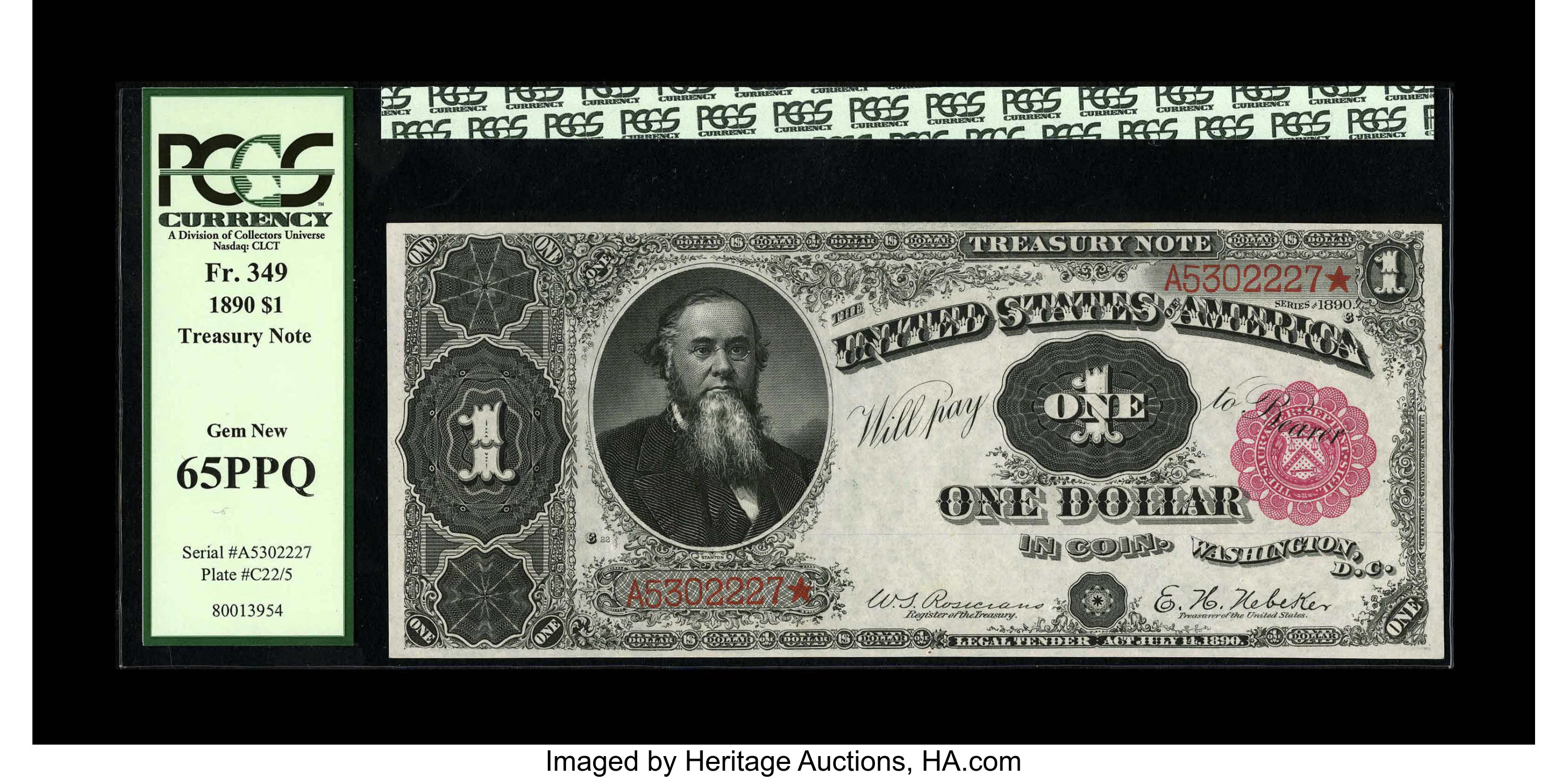 image for: Fr. 349 $1 1890 Treasury Note PCGS Gem New 65PPQ. Ample margins and great color highlight this well preserved Ornate Back St...