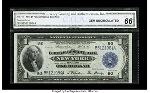 image for: Fr. 711 $1 1918 Federal Reserve Bank Note CGA Gem Uncirculated 66. Beautifully centered on both sides, with bright colors an...
