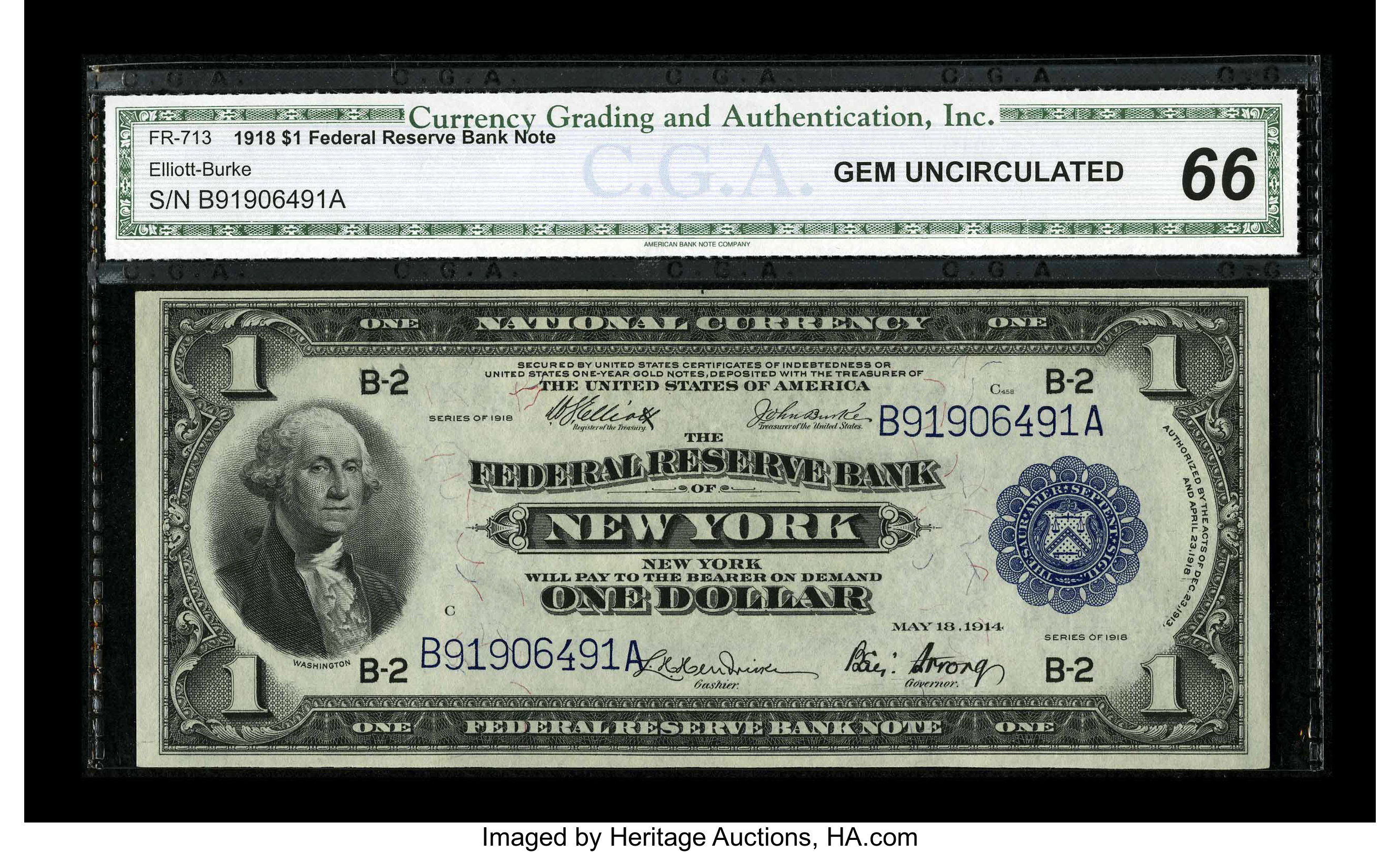 image for: Fr. 713 $1 1918 Federal Reserve Bank Note CGA Gem Uncirculated 66. Natural paper quality is observed on this $1....