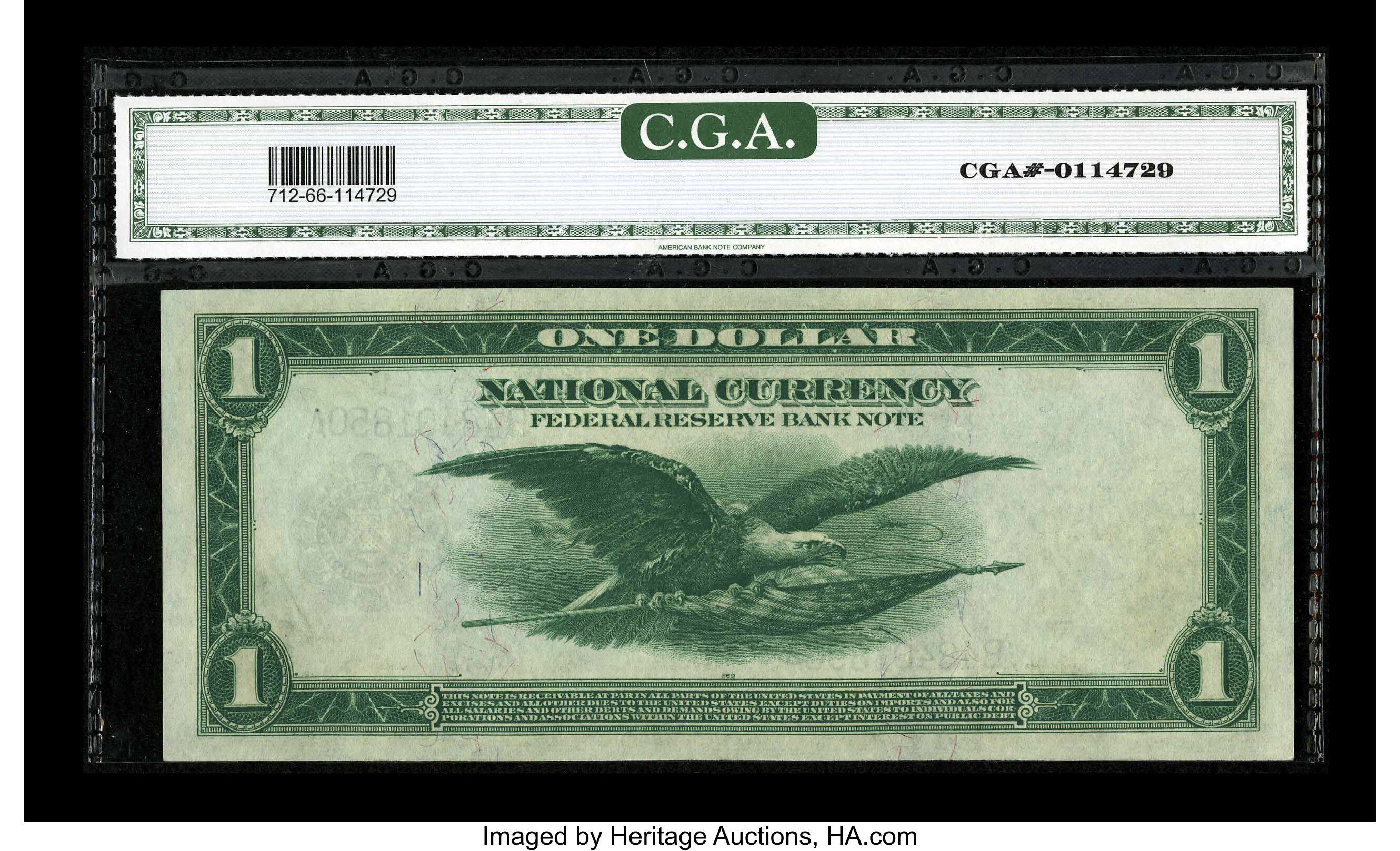 image for: Fr. 713 $1 1918 Federal Reserve Bank Note CGA Gem Uncirculated 66. Natural paper quality is observed on this $1....