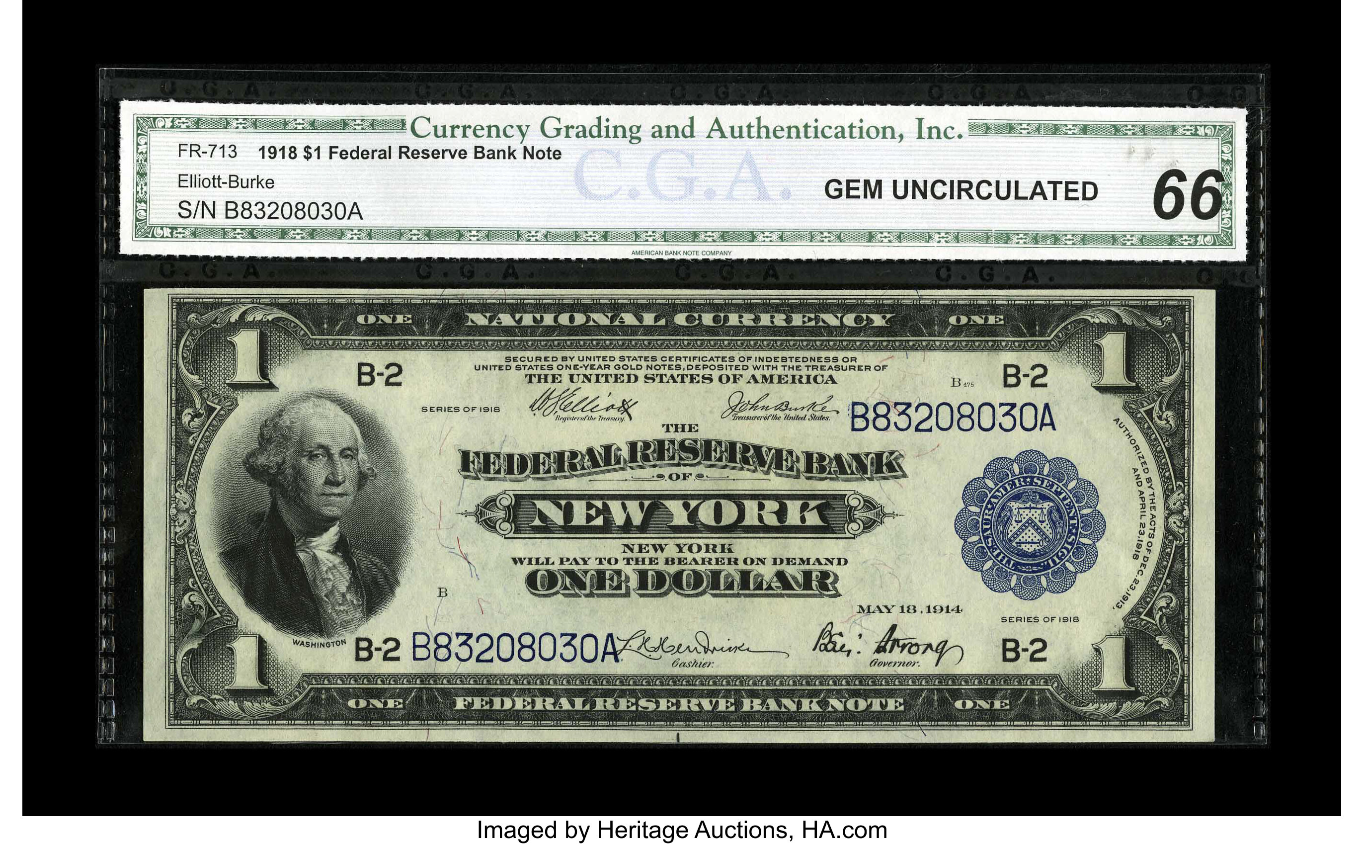 image for: Fr. 713 $1 1918 Federal Reserve Bank Note CGA Gem Uncirculated 66. Spacious margins grace this New York ace.From The Col...