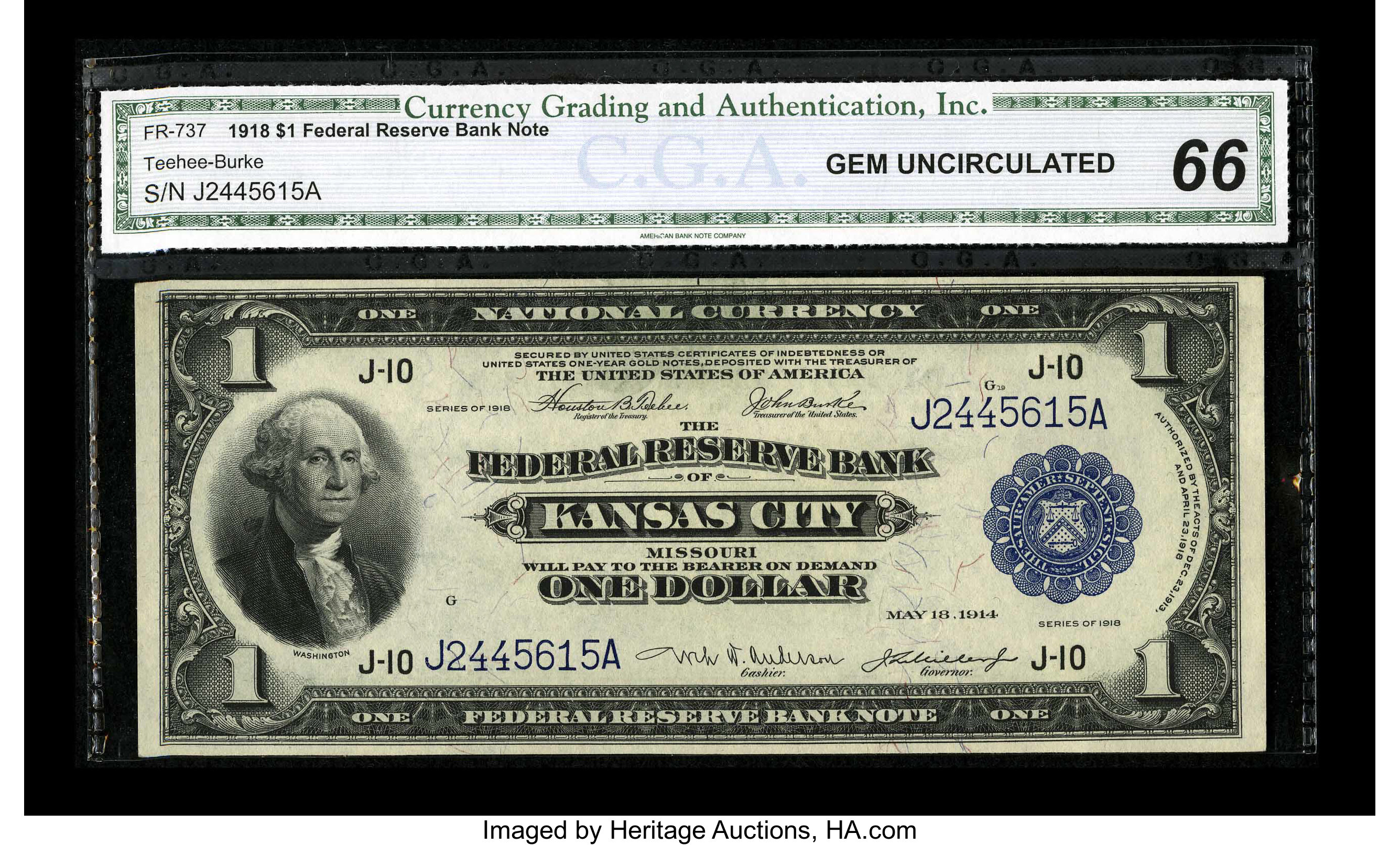 image for: Fr. 737 $1 1918 Federal Reserve Bank Note CGA Gem Uncirculated 66. This $1 has strong embossing....