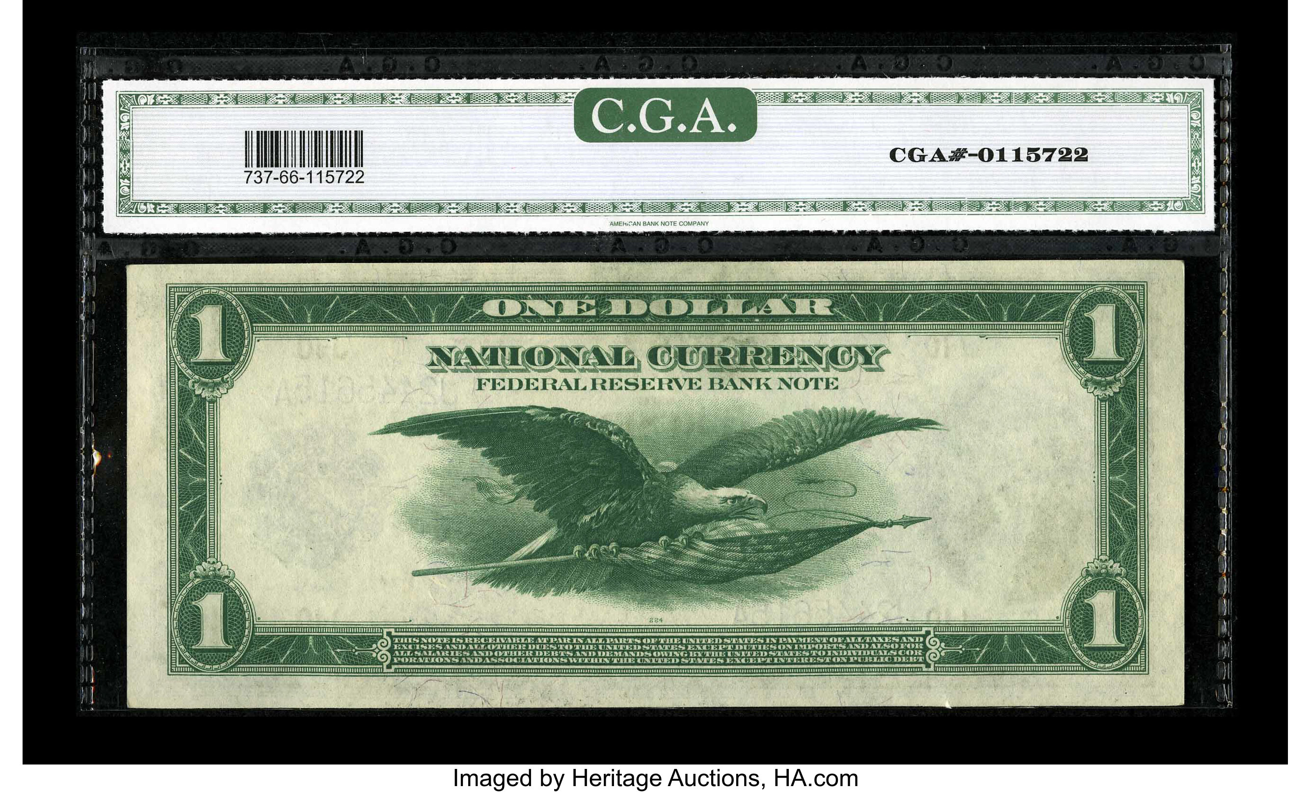 image for: Fr. 737 $1 1918 Federal Reserve Bank Note CGA Gem Uncirculated 66. This $1 has strong embossing....
