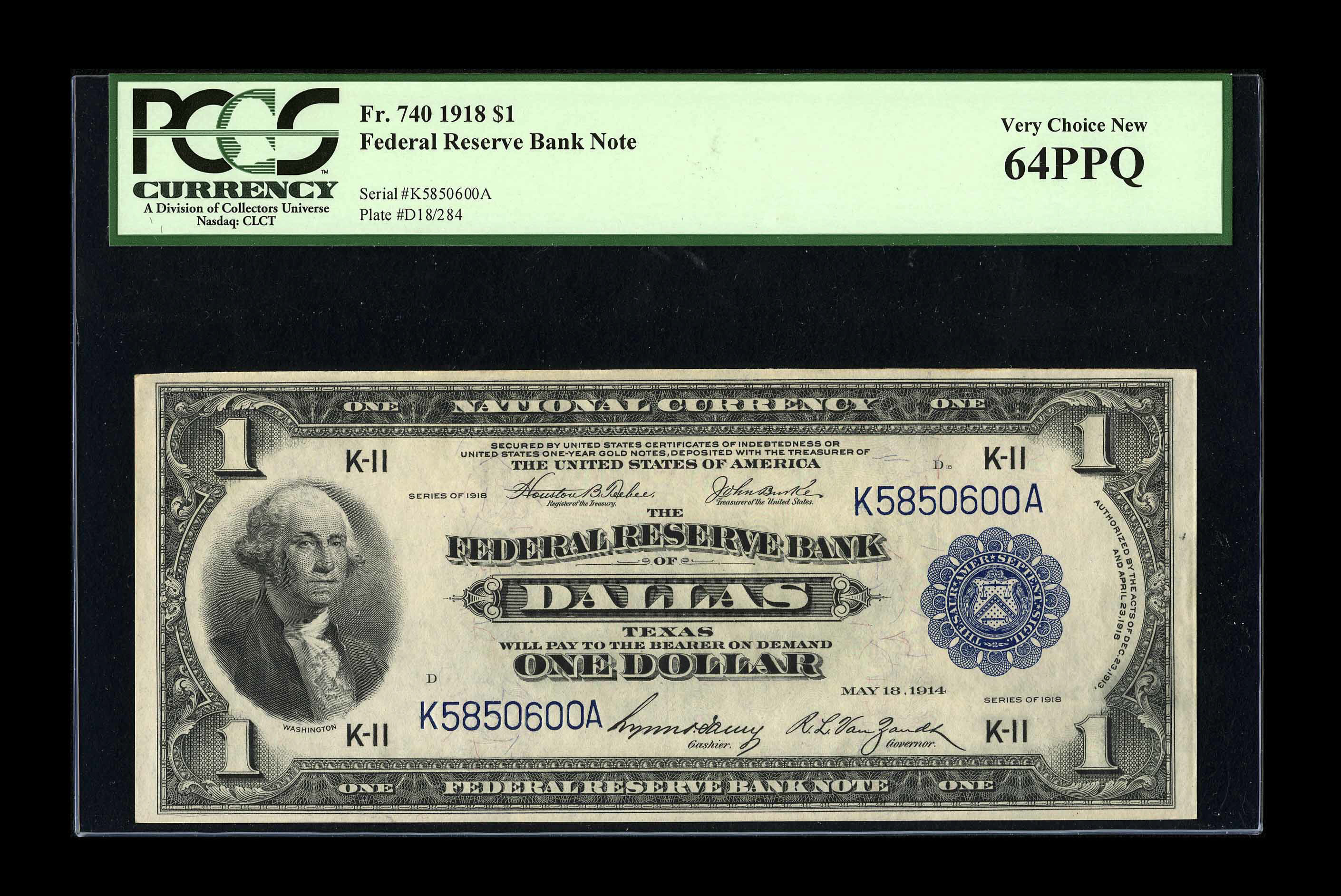 image for: Fr. 740 $1 1918 Federal Reserve Bank Note PCGS Very Choice New 64PPQ. A well embossed, strictly original near Gem example....