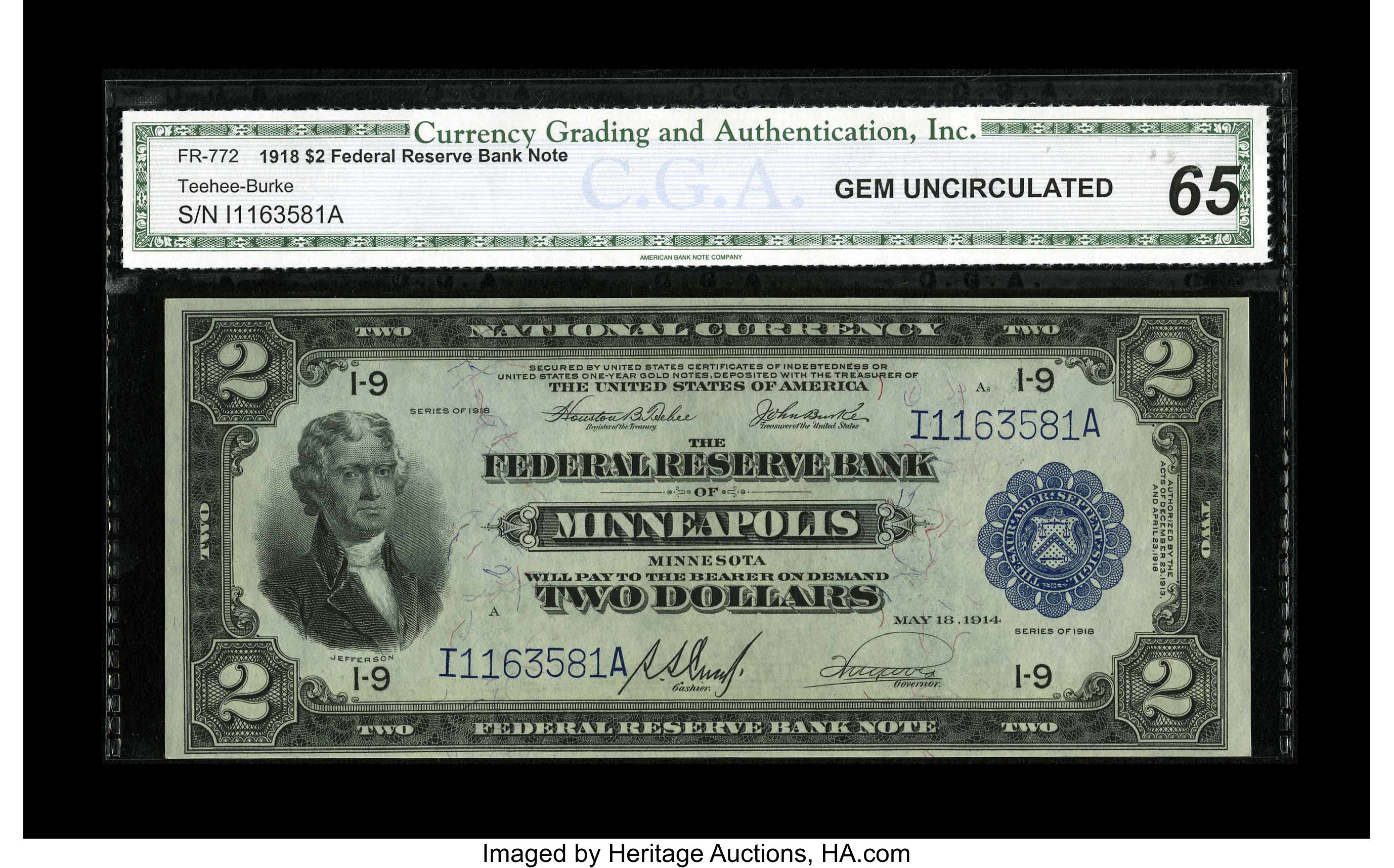 image for: Fr. 772 $2 1918 Federal Reserve Bank Note CGA Gem Uncirculated 65. The certified grade of 65 appears to be right on the mone...