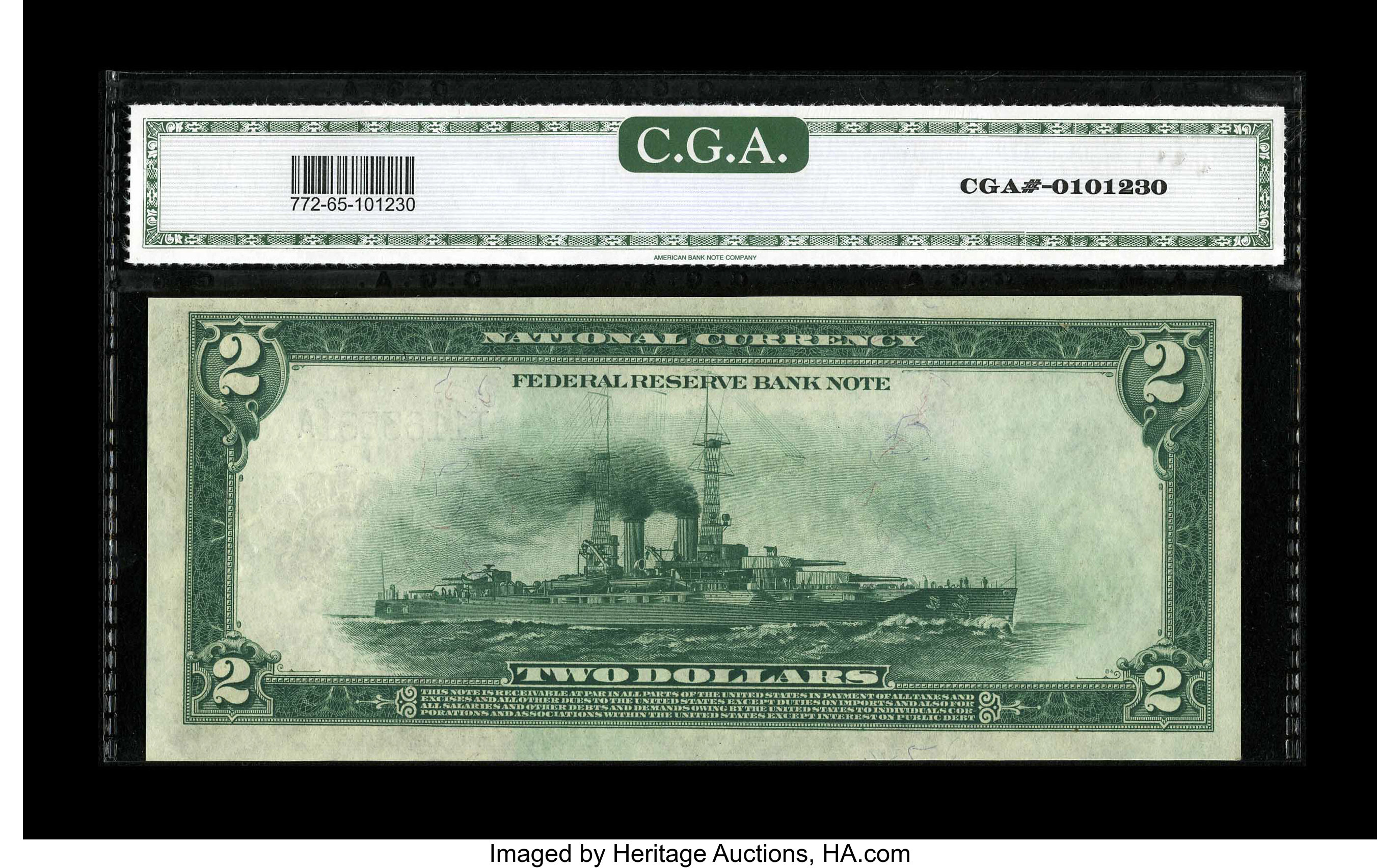 image for: Fr. 772 $2 1918 Federal Reserve Bank Note CGA Gem Uncirculated 65. The certified grade of 65 appears to be right on the mone...