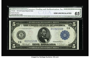 image for: Fr. 850 $5 1914 Federal Reserve Note CGA Gem Uncirculated 65. A great-looking New York-district Five Dollar Fed, with the sc...