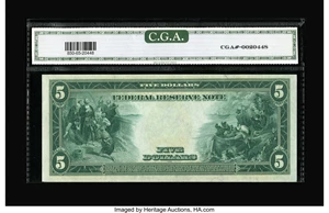 image for: Fr. 850 $5 1914 Federal Reserve Note CGA Gem Uncirculated 65. A great-looking New York-district Five Dollar Fed, with the sc...