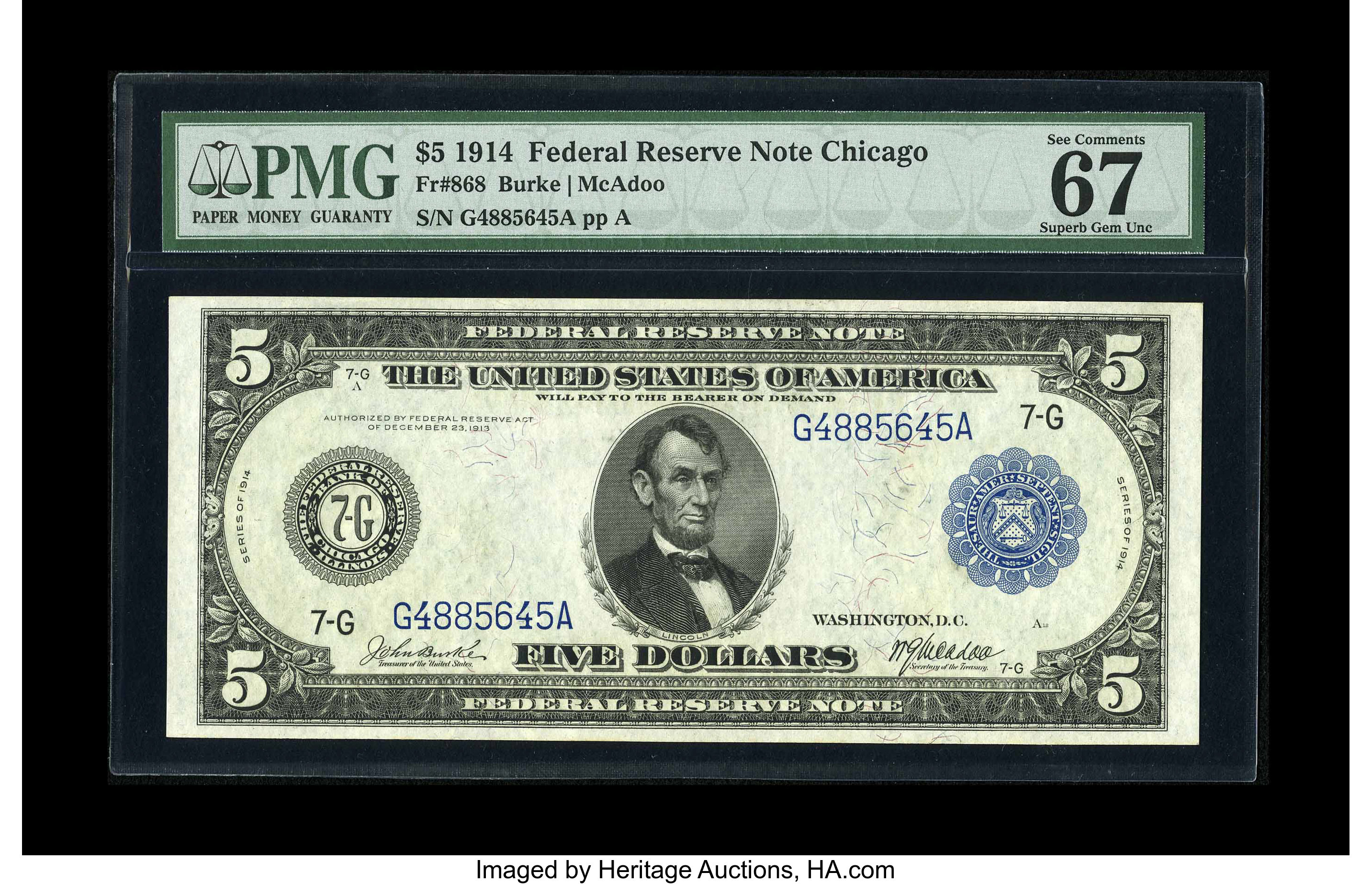image for: Fr. 868 $5 1914 Federal Reserve Note PMG Superb Gem Unc 67 EPQ. The label tells us that this $5 note has "Exceptional Paper ...
