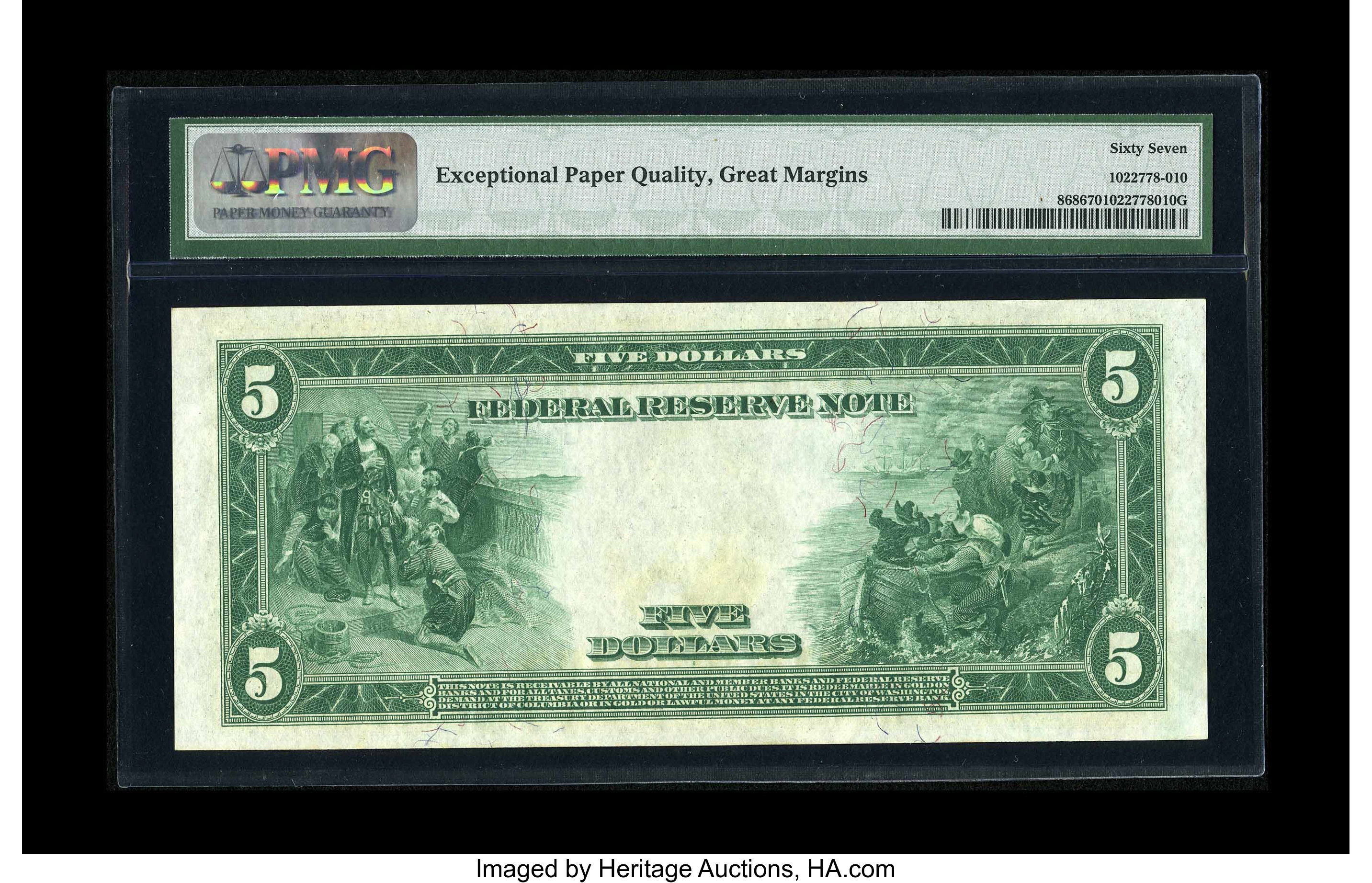 image for: Fr. 868 $5 1914 Federal Reserve Note PMG Superb Gem Unc 67 EPQ. The label tells us that this $5 note has "Exceptional Paper ...