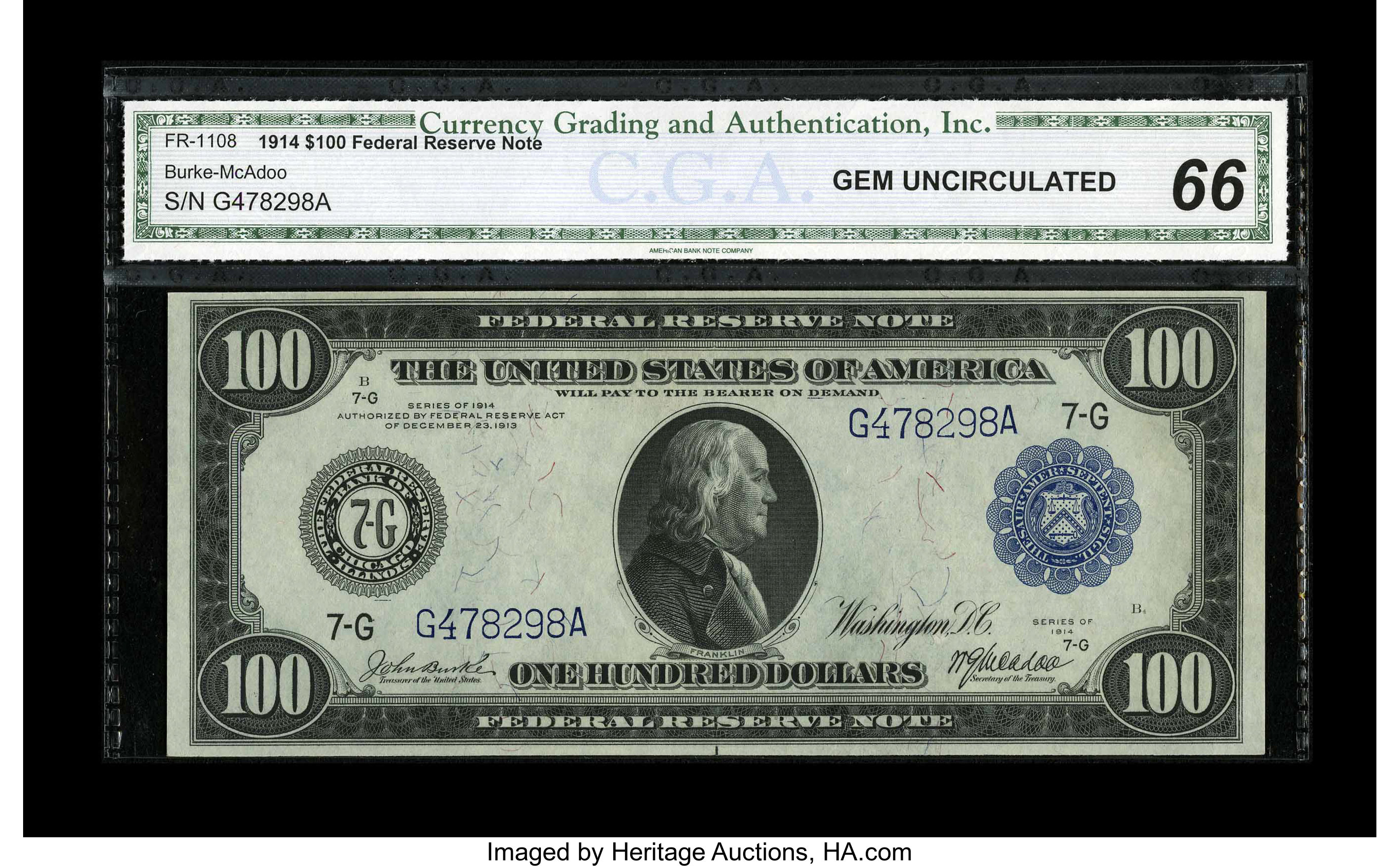 image for: Fr. 1108 $100 1914 Federal Reserve Note CGA Gem Uncirculated 66. This note is near a small run of CU examples broken up long...
