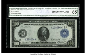 image for: Fr. 1128 $100 1914 Federal Reserve Note CGA Gem Uncirculated 65. A broadly margined $100 Fed that shows bright inks and colo...