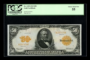 image for: Fr. 1199 $50 1913 Gold Certificate PCGS Choice About New 55. This lightly circulated beauty has broad margins, perfect color...
