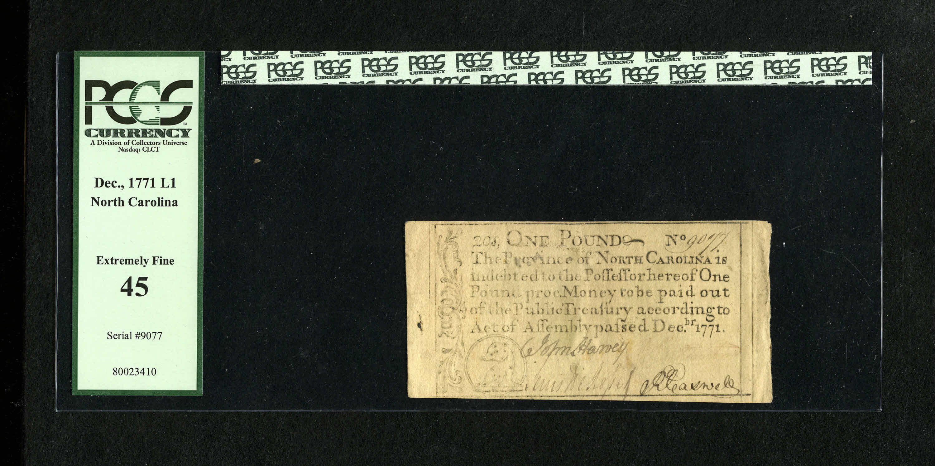 image for: North Carolina December, 1771 £1 PCGS Extremely Fine 45. We average about one of these every two years in our internet only...