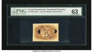 image for: Fr. 1235exnmb 5c Second Issue PMG Choice Uncirculated 63. This is a high-grade example of a Back Near Margin Experimental....