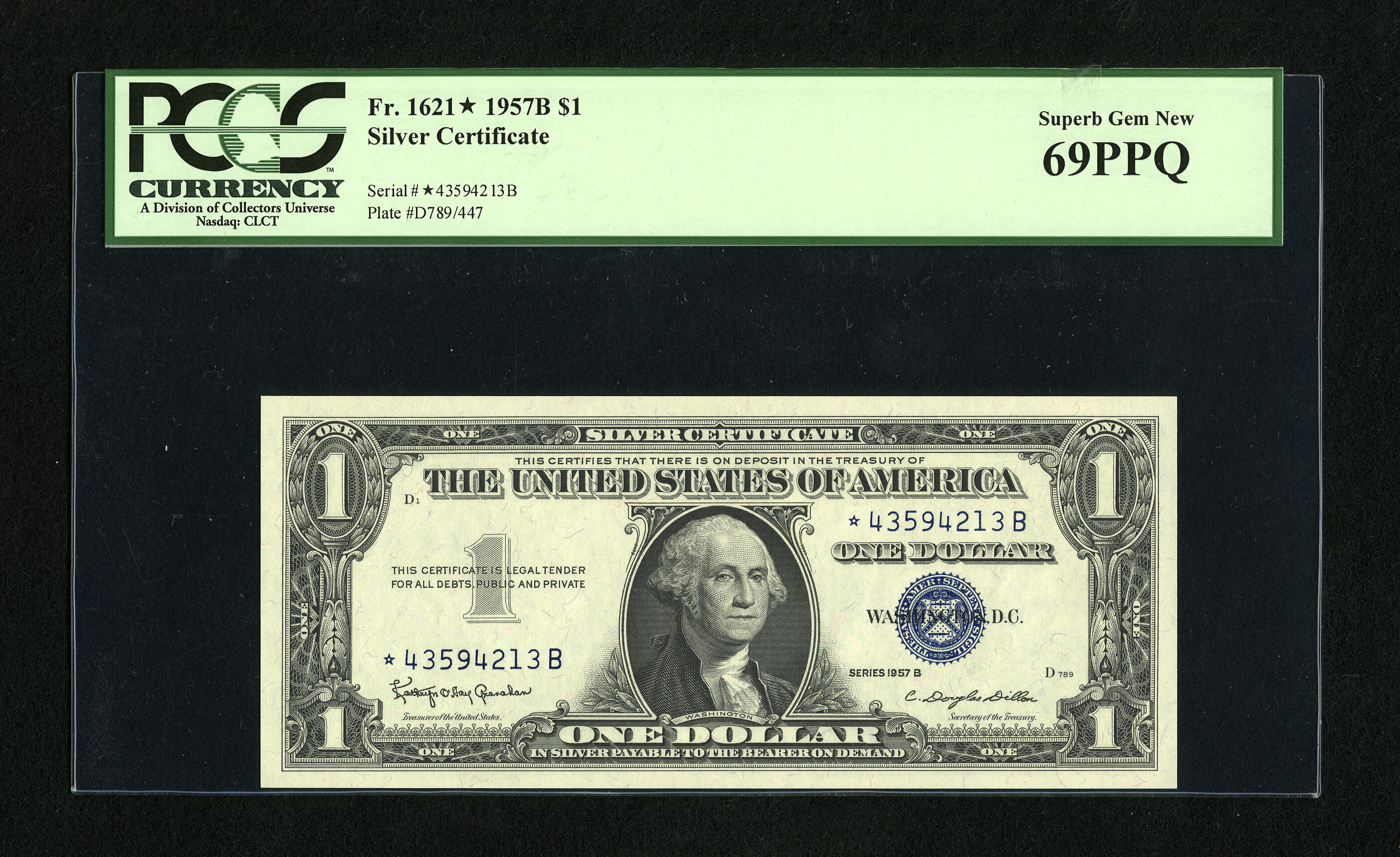 image for: Fr. 1621* $1 1957B Silver Star Certificate. PCGS Superb Gem New 69PPQ.This Star received a verdict within a point of perfe...