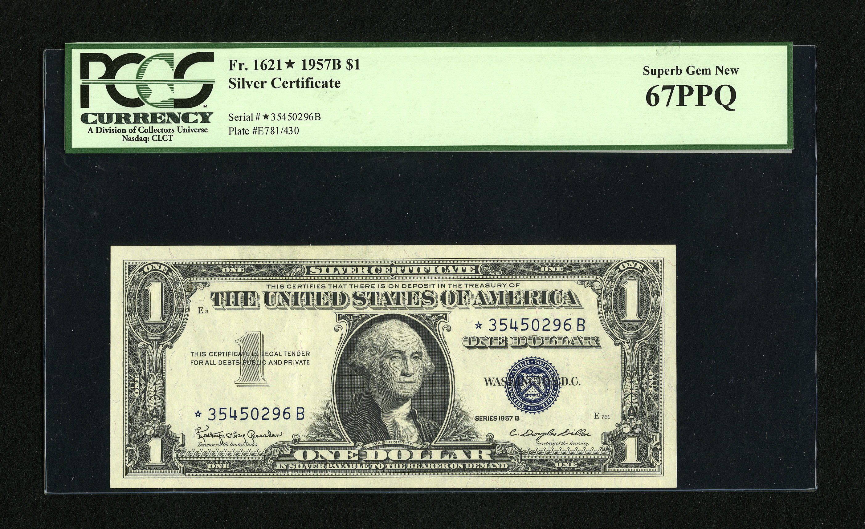 image for: Fr. 1621* $1 1957B Silver Certificate Star. PCGS Superb Gem New 67PPQ.Extra wide margins surround this Star....