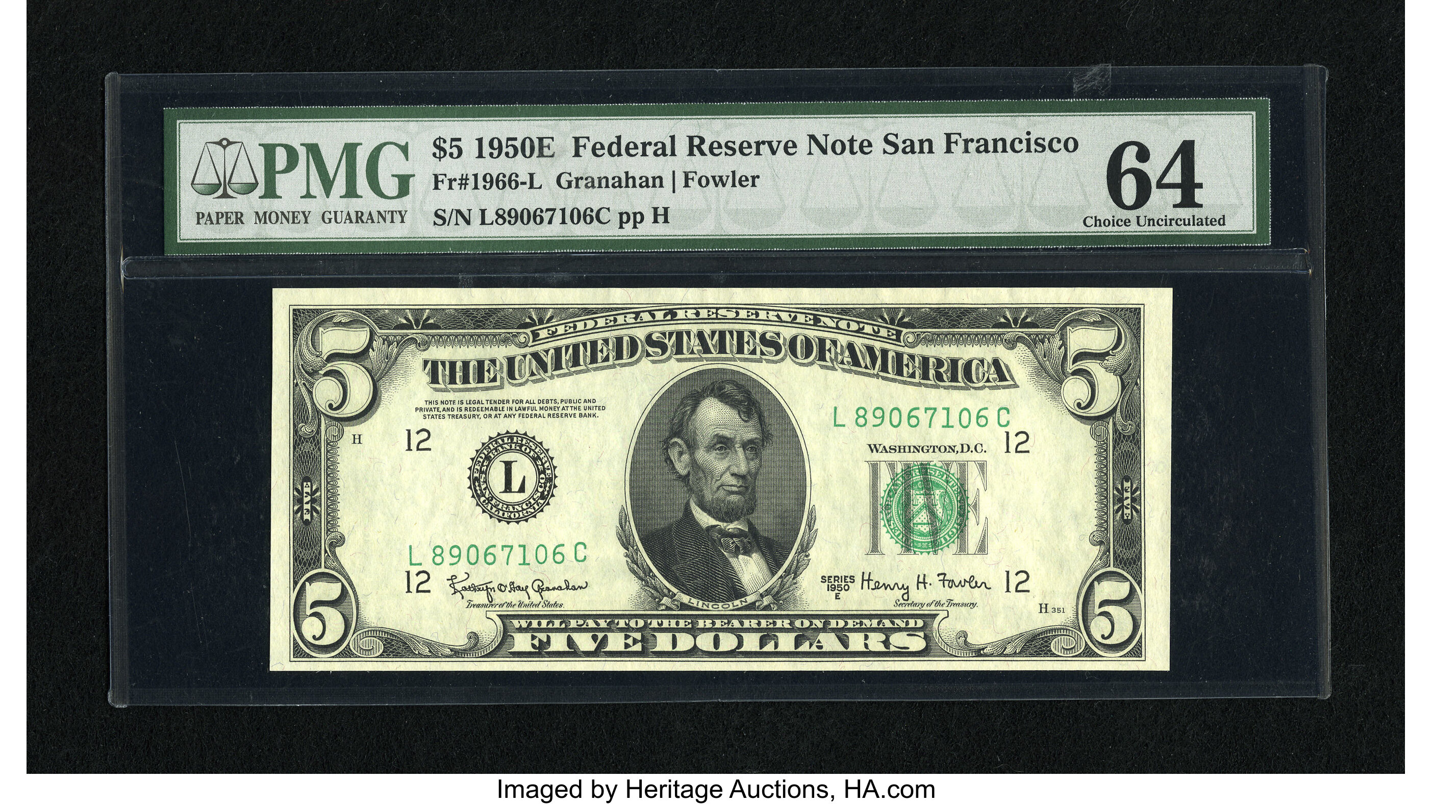 image for: Fr. 1966-L $5 1950E Federal Reserve Note. PMG Choice Uncirculated 64.Superb punch through embossing is easily noted throug...