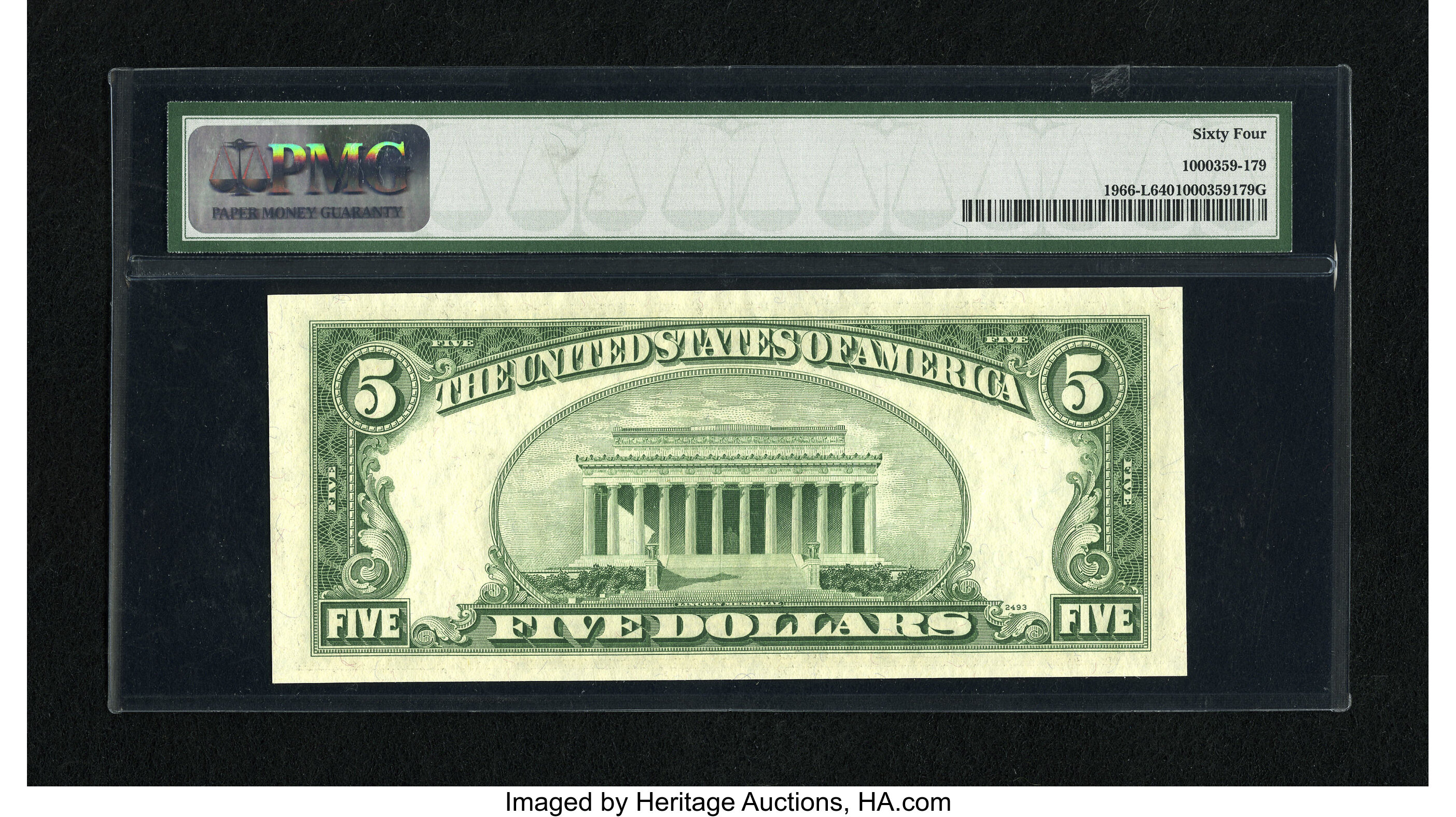 image for: Fr. 1966-L $5 1950E Federal Reserve Note. PMG Choice Uncirculated 64.Superb punch through embossing is easily noted throug...