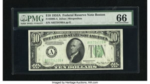 image for: Fr. 2006-A $10 1934A Federal Reserve Note. PMG Gem Uncirculated 66.A robust gem example of this early Boston FRN that has ...