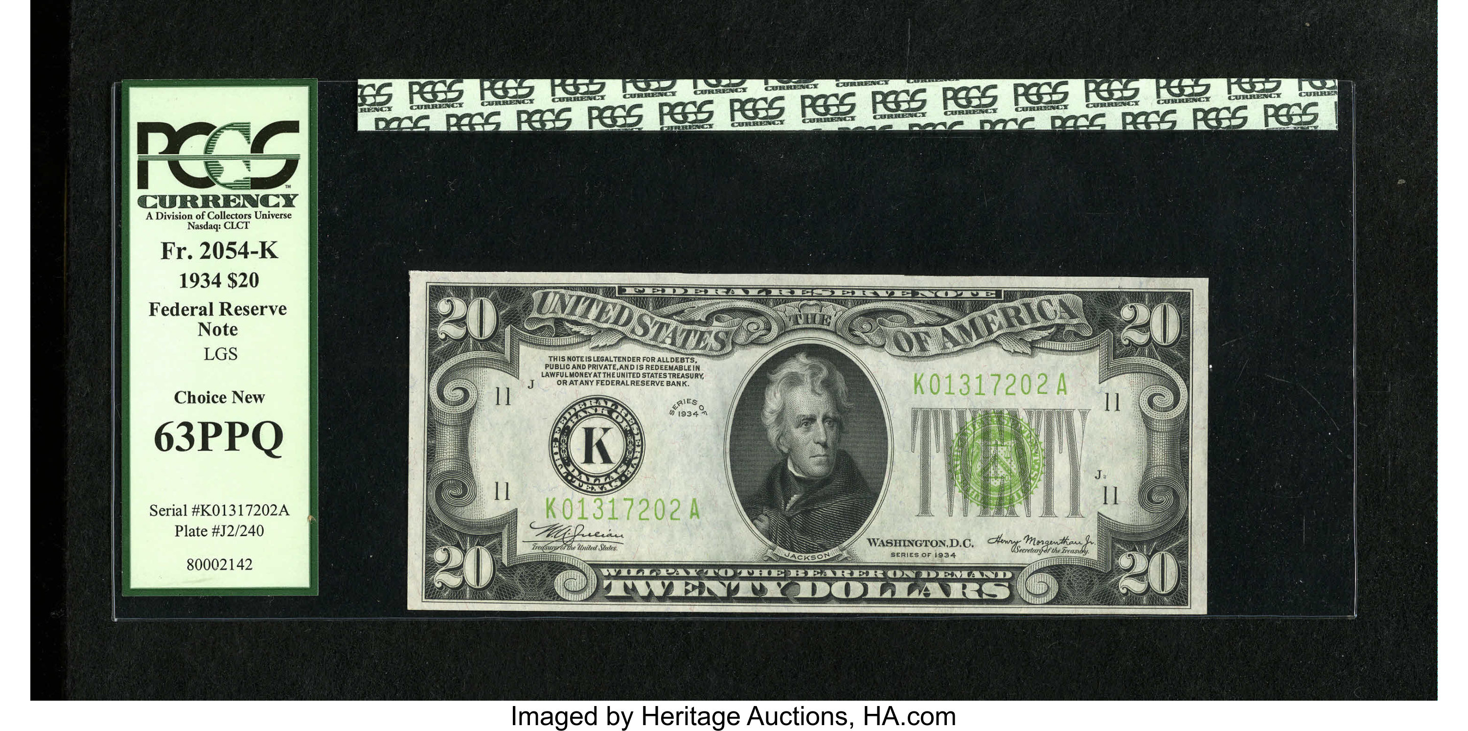 image for: Fr. 2054-K $20 1934 Light Green Seal Federal Reserve Note. PCGS Choice New 63PPQ.Embossing is easy to see through the thir...
