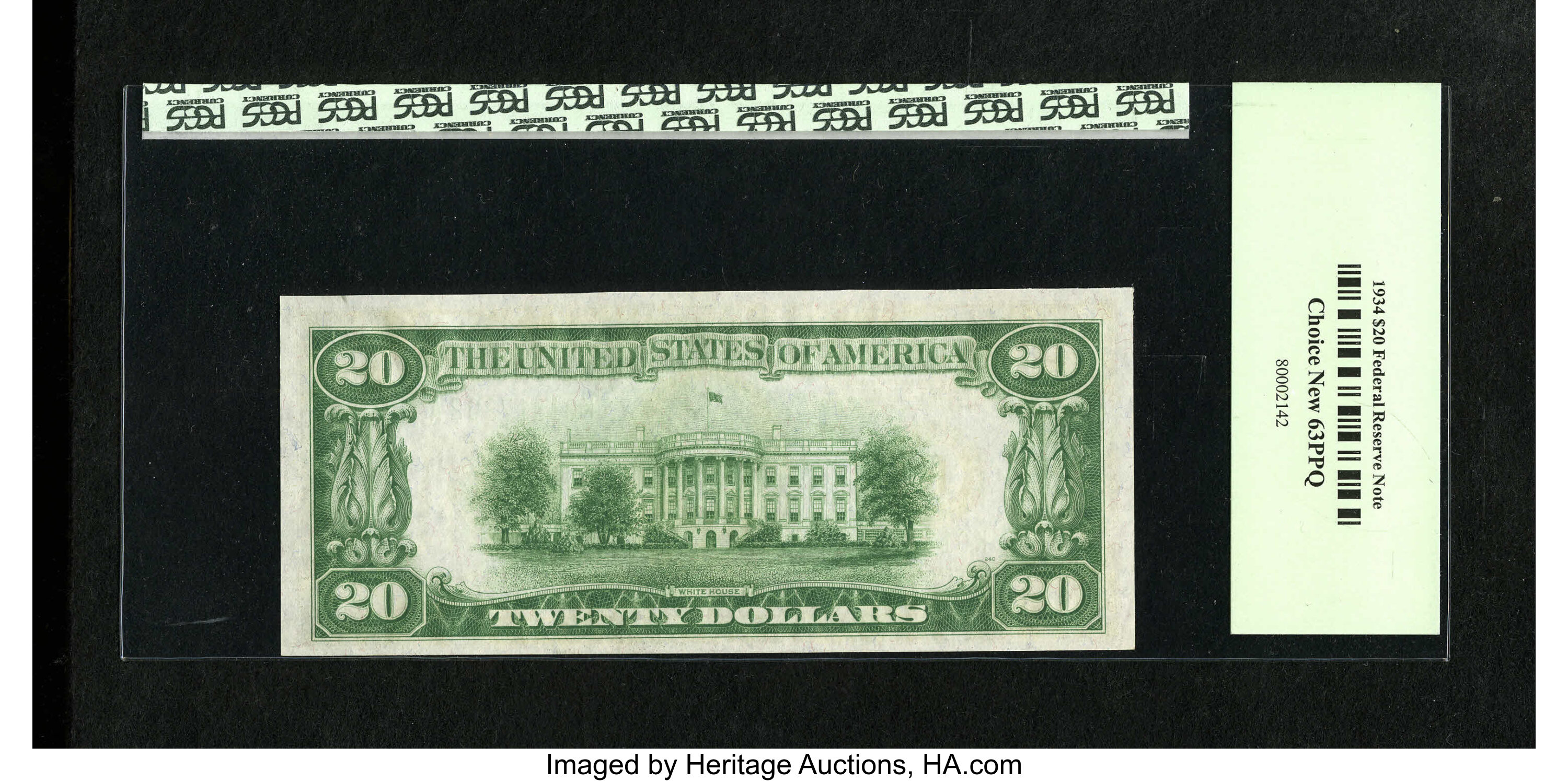 image for: Fr. 2054-K $20 1934 Light Green Seal Federal Reserve Note. PCGS Choice New 63PPQ.Embossing is easy to see through the thir...