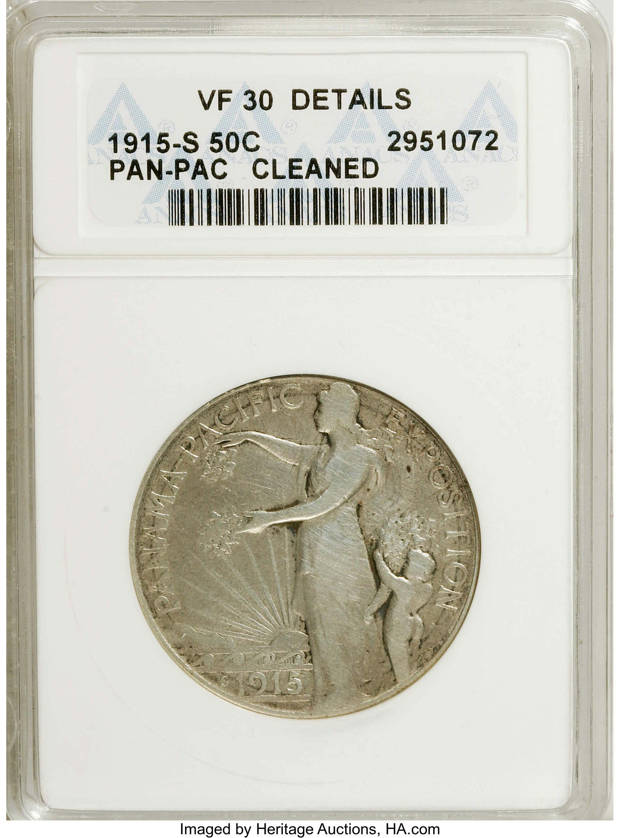 1915-S 50C Panama-Pacific--Cleaned--ANACS. VF30 Details. NGC Census: (0/2259). PCGS Population (0/2727). Mintage: 27,134. N...