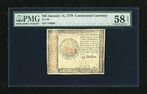 image for: Continental Currency January 14, 1779 $45 PMG Choice About Unc 58 EPQ. This note has been declared by PMG to have "Exception...